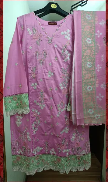 Pakistani Original Bin Saeed luxury Stitched Cotton Embroidered 3 Pcs _ Pink 